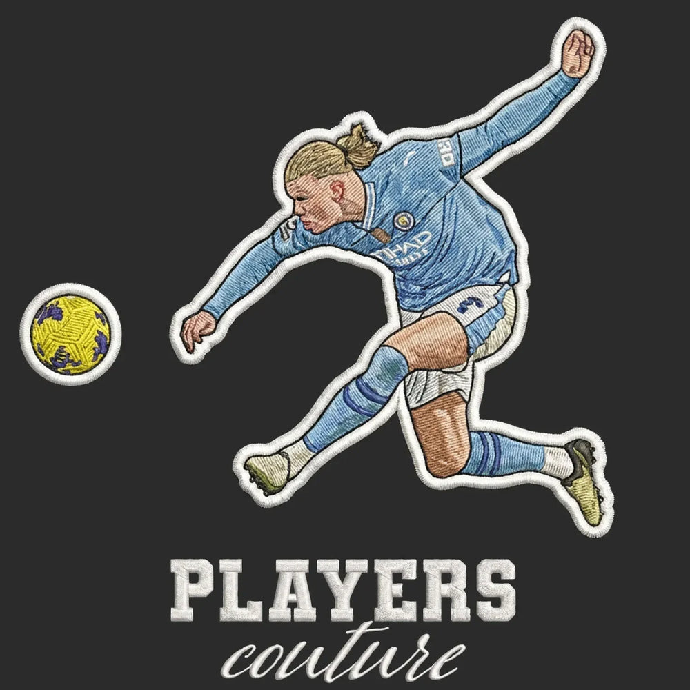 Erling Haaland Badge Men's Hoodie – close-up detail shot of the Erling Haaland Players Couture logo design