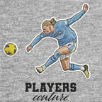 Erling Haaland Badge Men's T-Shirt – grey close-up detail shot of the Erling Haaland Players Couture logo design