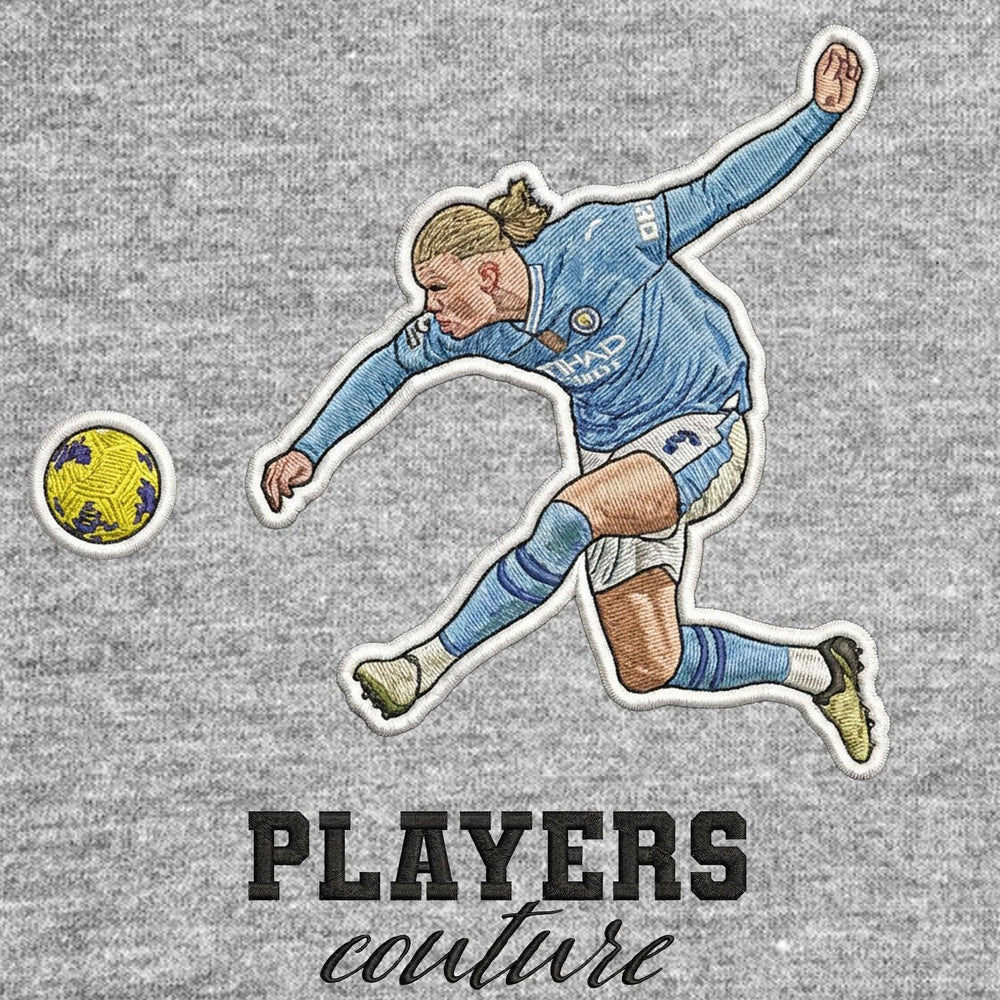 Erling Haaland Badge Men's Hoodie – close-up detail shot of the Erling Haaland Players Couture logo design