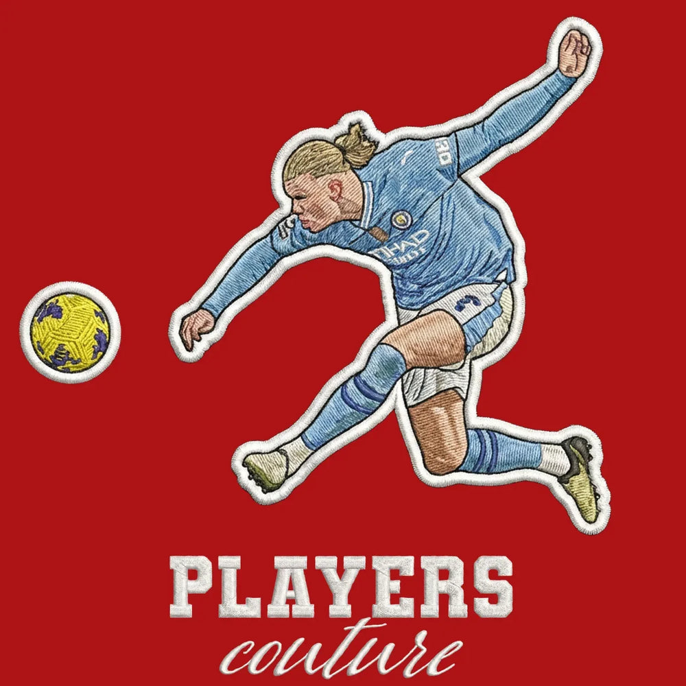 Erling Haaland Badge Men's T-Shirt – red close-up detail shot of the Erling Haaland Players Couture logo design