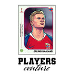 Erling Haaland World Cup Sticker Men's T-Shirt – white close-up detail shot of the Erling Halland Players Couture logo design