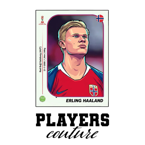 Erling Haaland World Cup Sticker Men's T-Shirt – white close-up detail shot of the Erling Halland Players Couture logo design