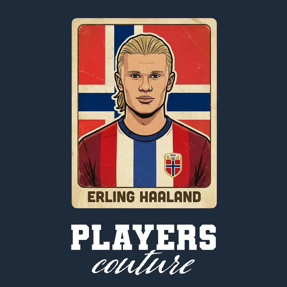 Erling Haaland 2026 World Cup Sticker Men's T-Shirt – navy close-up detail shot of the Erling Haaland 2026 World Cup Players