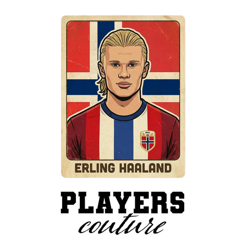 Erling Haaland 2026 World Cup Sticker Men's T-Shirt – white close-up detail shot of the Erling Halland Players Couture logo