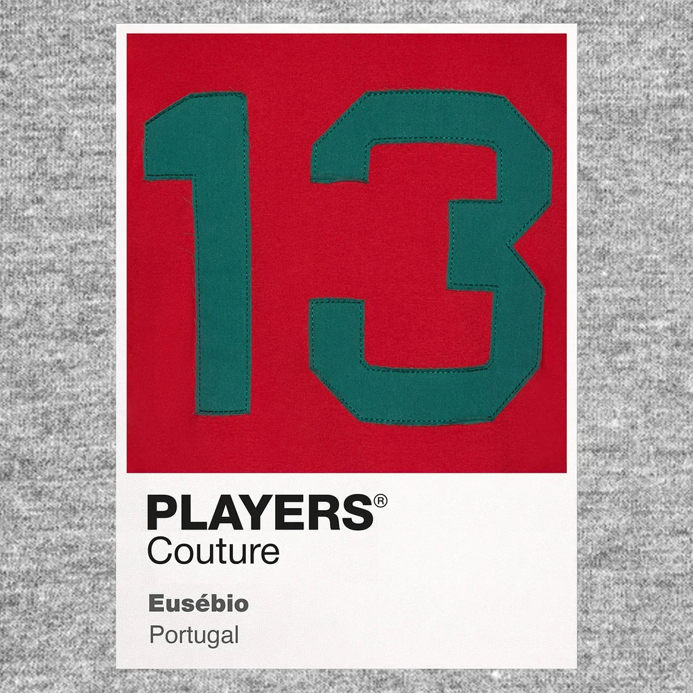 Eusebio 13 Football Shirt Frame Men's Hoodie – grey close-up detail shot of the Eusebio Players Couture logo design