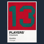 Eusebio 13 Football Shirt Frame Men's Hoodie – navy close-up detail shot of the Eusebio 13 Football Players Couture logo