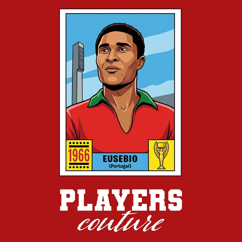 Eusebio World Cup Sticker Men's T-Shirt – red close-up detail shot of the Eusebio World Cup Players Couture logo design