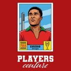 Eusebio World Cup Sticker Men's T-Shirt – red close-up detail shot of the Eusebio World Cup Players Couture logo design