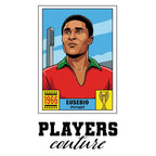 Eusebio World Cup Sticker Men's T-Shirt – white close-up detail shot of the Eusebio Players Couture logo design