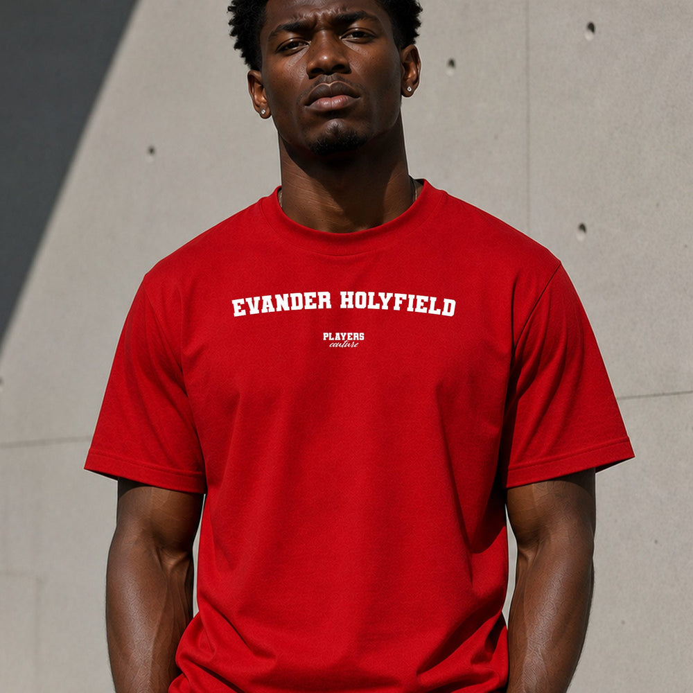 Evander Holyfield Men's T-Shirt — lifestyle photo, Red t-shirt