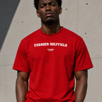 Evander Holyfield Men's T-Shirt — lifestyle photo, Red t-shirt