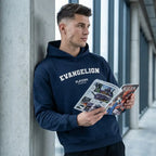 Evangelion hoodie – close-up of white Evangelion lettering and Players Couture logo on the chest