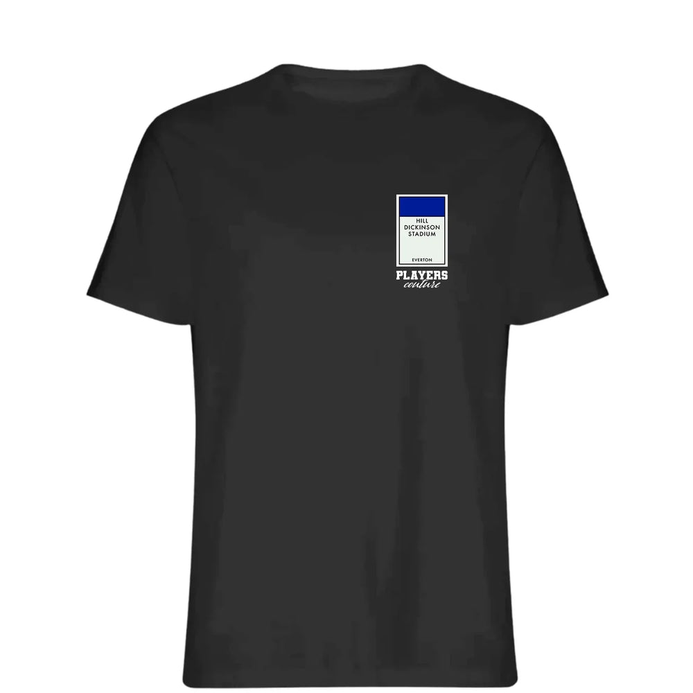Everton New Monopoly Card t-shirt – close-up of white Everton New Monopoly Card lettering and Players Couture logo on the