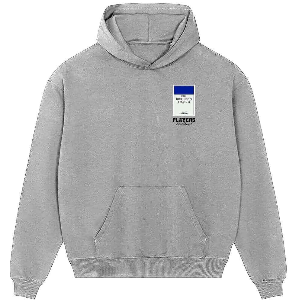 Everton New Monopoly Card hoodie – red men's hoodie with white Everton New Monopoly Card letters and Players Couture logo on