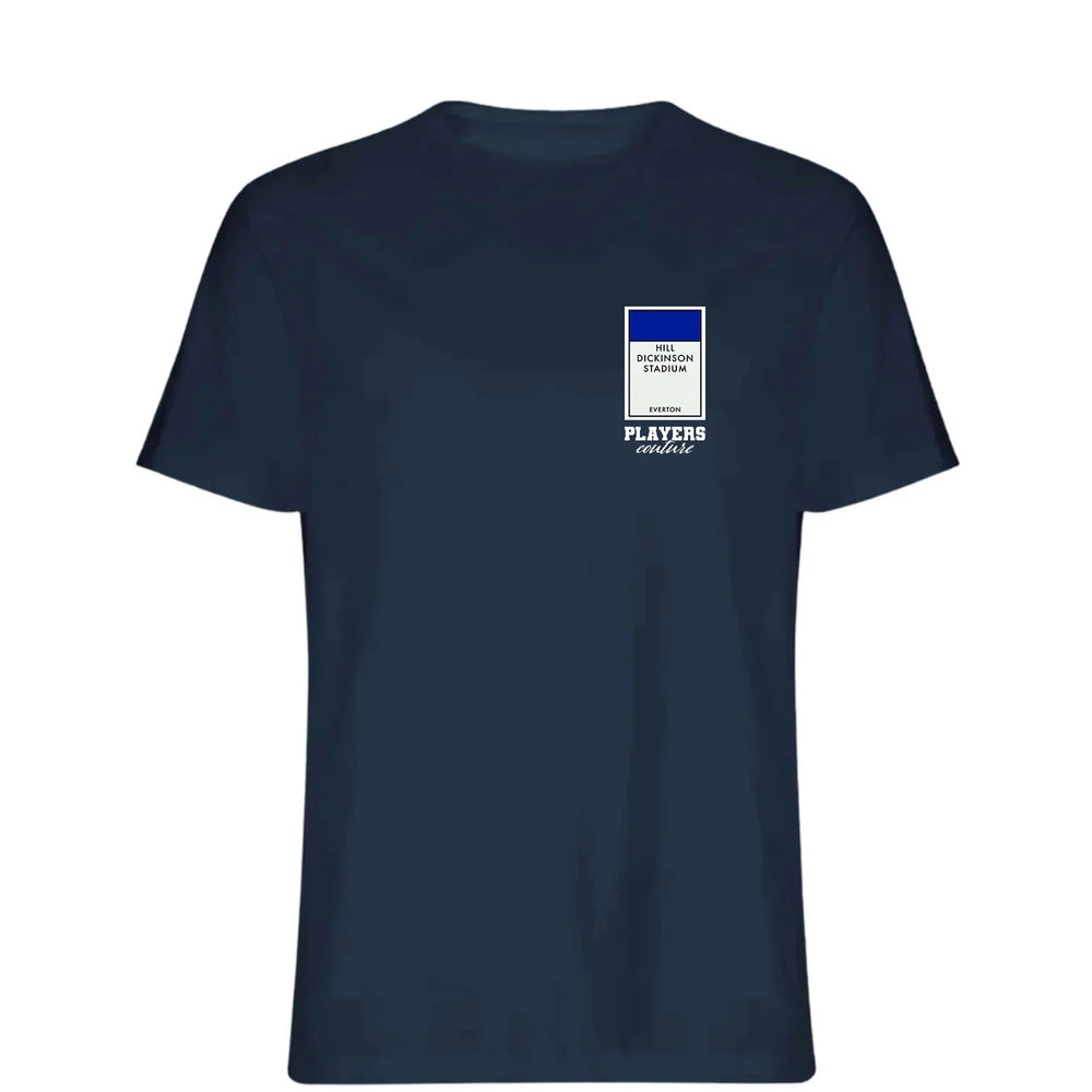 Everton New Monopoly Card t-shirt – navy men's t-shirt with white Everton New Monopoly Card letters and Players Couture logo