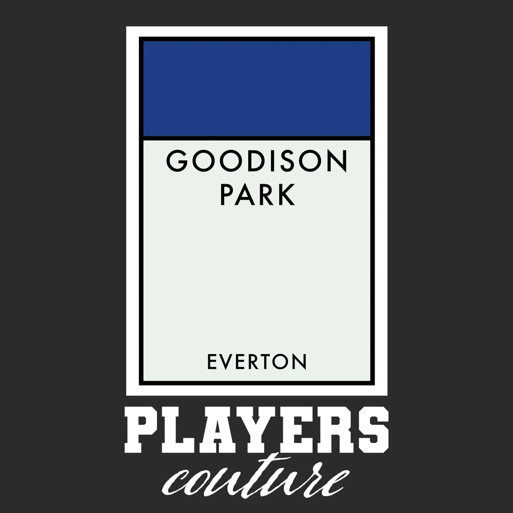 Everton Monopoly Card t-shirt – close-up of white Everton Monopoly Card lettering and Players Couture logo on the chest