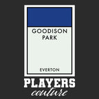 Everton Monopoly Card t-shirt – close-up of white Everton Monopoly Card lettering and Players Couture logo on the chest