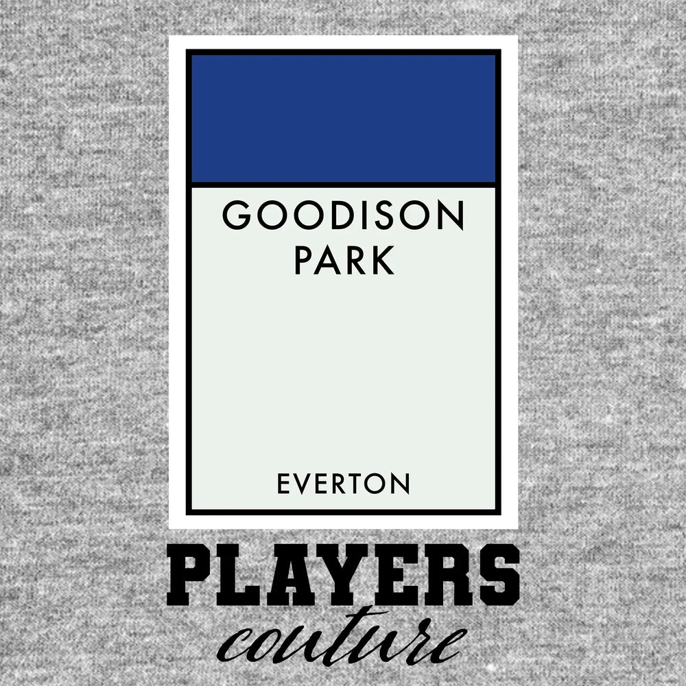 Everton Monopoly Card t-shirt – grey men's t-shirt with black Everton Monopoly Card letters and Players Couture logo on the