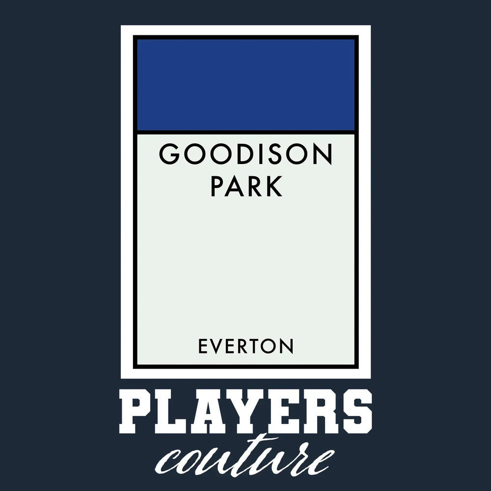 Everton Monopoly Card t-shirt – close-up of white Everton Monopoly Card lettering and Players Couture logo on the chest