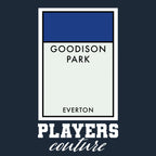 Everton Monopoly Card t-shirt – close-up of white Everton Monopoly Card lettering and Players Couture logo on the chest