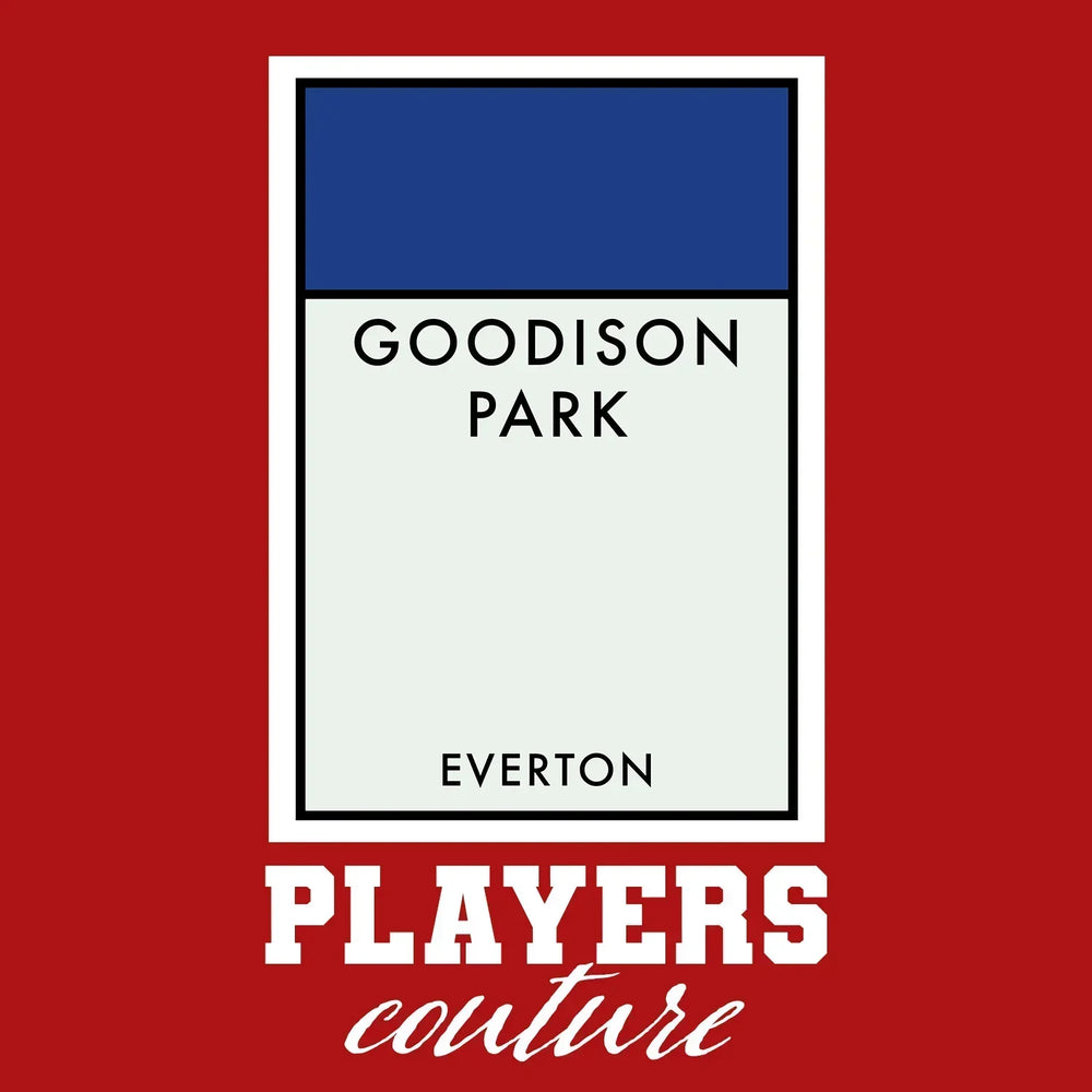 Everton Monopoly Card t-shirt – red men's t-shirt with white Everton Monopoly Card letters and Players Couture logo on the