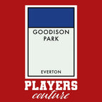 Everton Monopoly Card t-shirt – red men's t-shirt with white Everton Monopoly Card letters and Players Couture logo on the