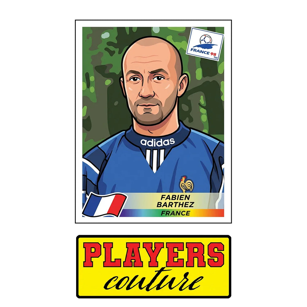 Fabien Barthez World Cup Sticker Men's T-Shirt – close-up detail shot of the Fabien Barthez World Cup Players Couture logo