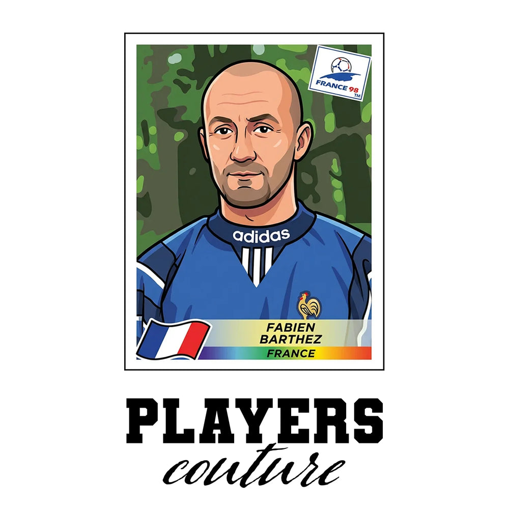 Fabien Barthez World Cup Sticker Men's T-Shirt – white close-up detail shot of the Fabien Barthez Players Couture logo design