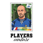Fabien Barthez World Cup Sticker Men's T-Shirt – white close-up detail shot of the Fabien Barthez Players Couture logo design