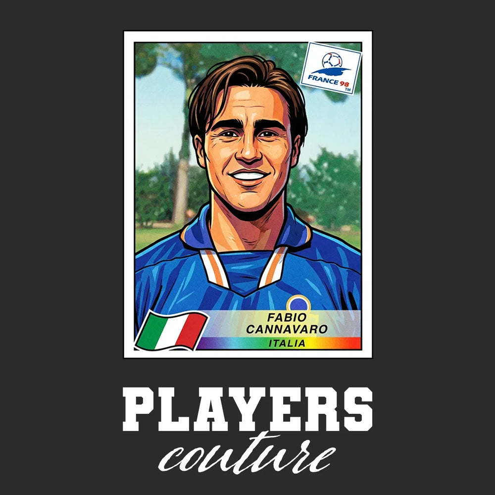 Fabio Cannavaro World Cup Sticker Men's T-Shirt – black close-up detail shot of the Fabio Cannavaro World Cup Players