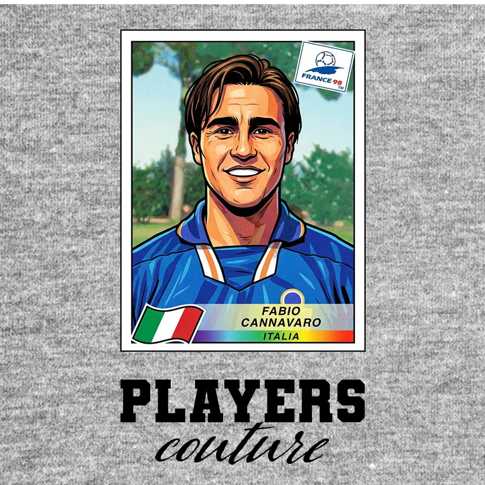 Fabio Cannavaro World Cup Sticker Men's T-Shirt – grey close-up detail shot of the Fabio Cannavaro World Cup Players Couture