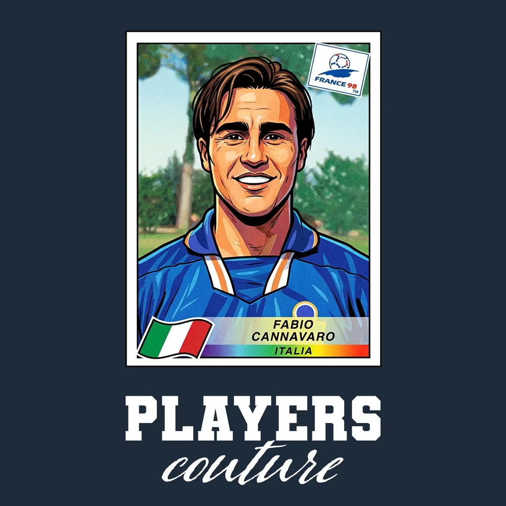 Fabio Cannavaro World Cup Sticker Men's T-Shirt – navy close-up detail shot of the Fabio Cannavaro World Cup Players Couture