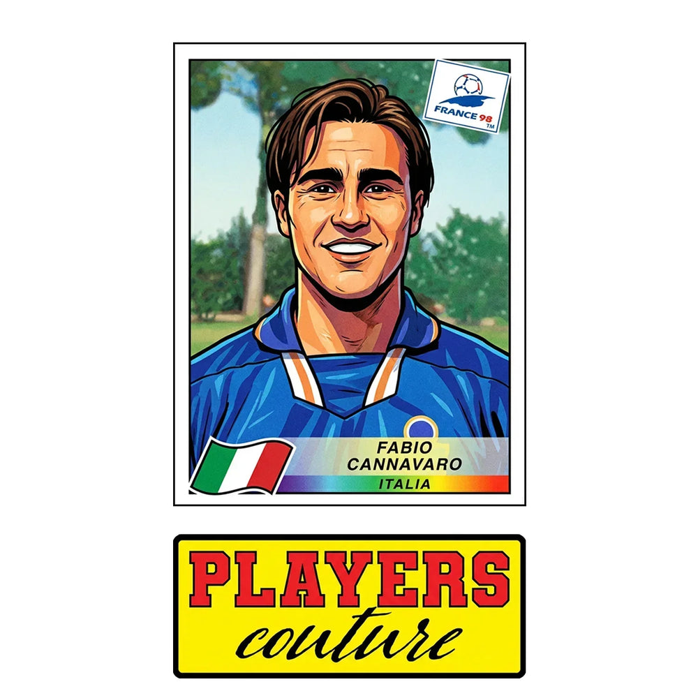 Fabio Cannavaro World Cup Sticker Men's T-Shirt – close-up detail shot of the Fabio Cannavaro Players Couture logo design