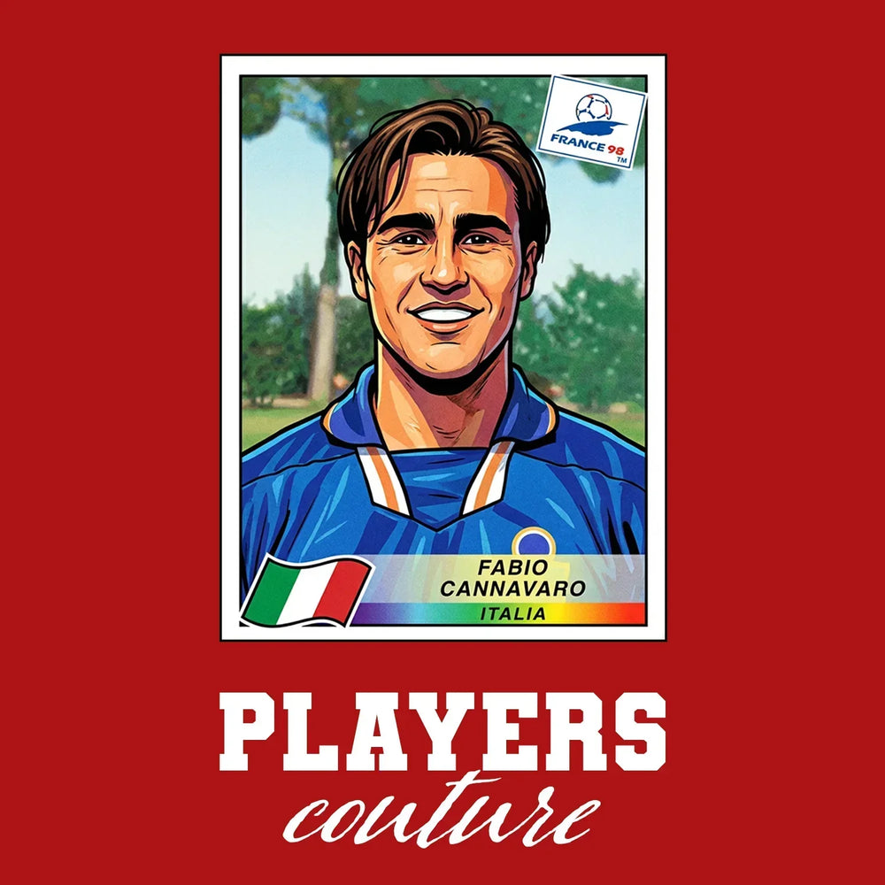 Fabio Cannavaro World Cup Sticker Men's T-Shirt – red close-up detail shot of the Fabio Cannavaro World Cup Players Couture