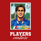 Fabio Cannavaro World Cup Sticker Men's T-Shirt – red close-up detail shot of the Fabio Cannavaro World Cup Players Couture