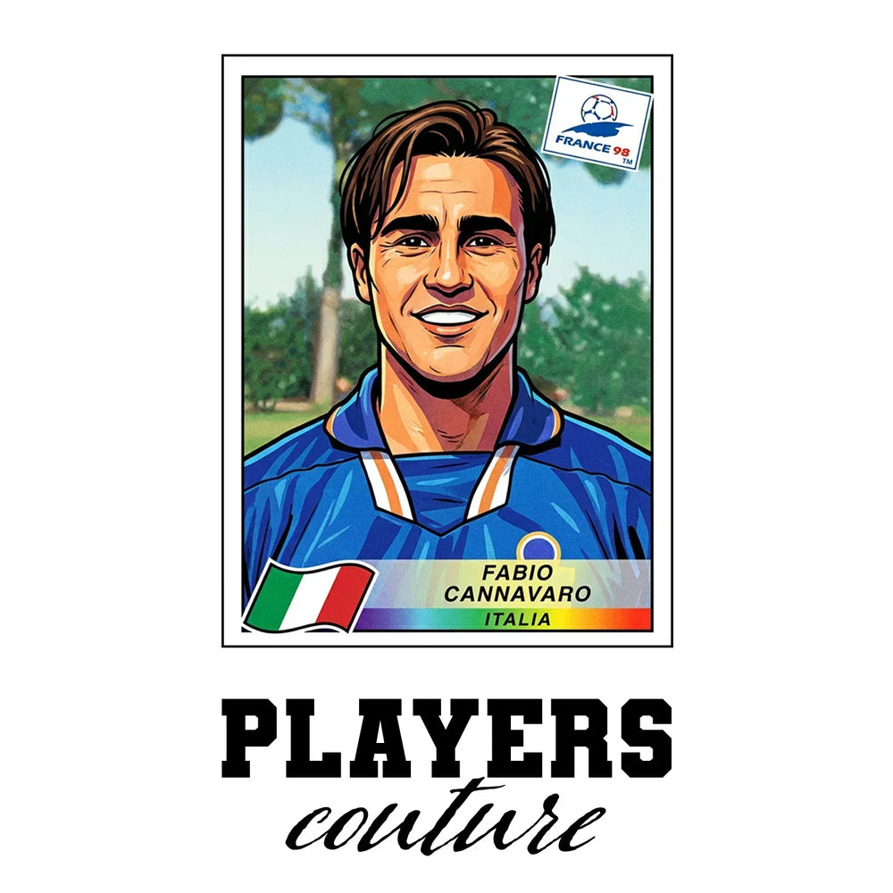 Fabio Cannavaro World Cup Sticker Men's T-Shirt – white close-up detail shot of the Fabio Cannavaro World Cup Players