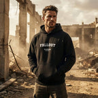 Fallout hoodie – navy men's hoodie with white Fallout letters and Players Couture logo on the chest