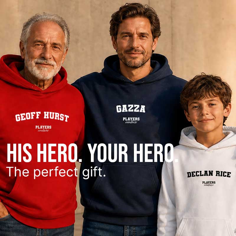 Three people wearing hoodies with names printed on them, with text 'His Hero. Your Hero. The perfect gift.'