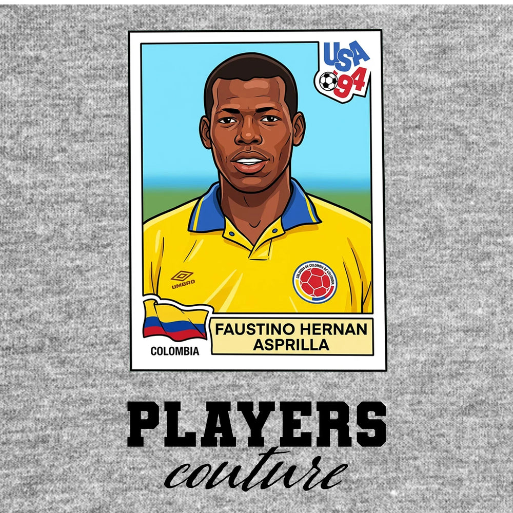 Faustino Asprilla World Cup Sticker Men's T-Shirt – grey close-up detail shot of the Faustino Asprilla World Cup Players