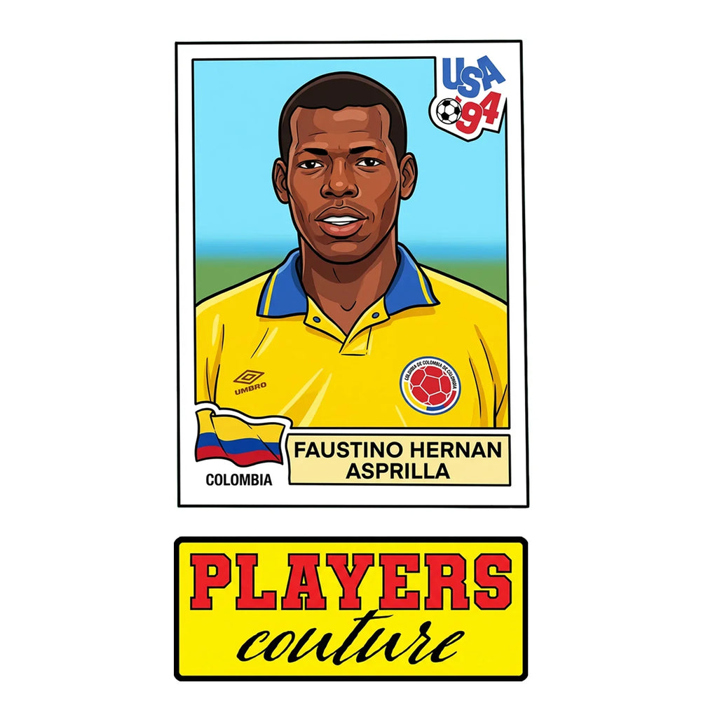 Faustino Asprilla World Cup Sticker Men's T-Shirt – close-up detail shot of the Faustino Asprilla World Cup Players Couture