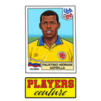 Faustino Asprilla World Cup Sticker Men's T-Shirt – close-up detail shot of the Faustino Asprilla World Cup Players Couture