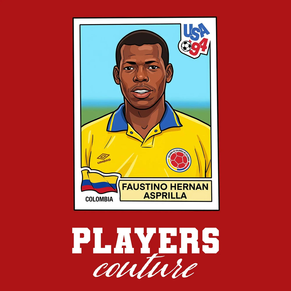 Faustino Asprilla World Cup Sticker Men's T-Shirt – red close-up detail shot of the Faustino Asprilla World Cup Players