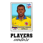 Faustino Asprilla World Cup Sticker Men's T-Shirt – white close-up detail shot of the Faustino Asprilla Players Couture logo
