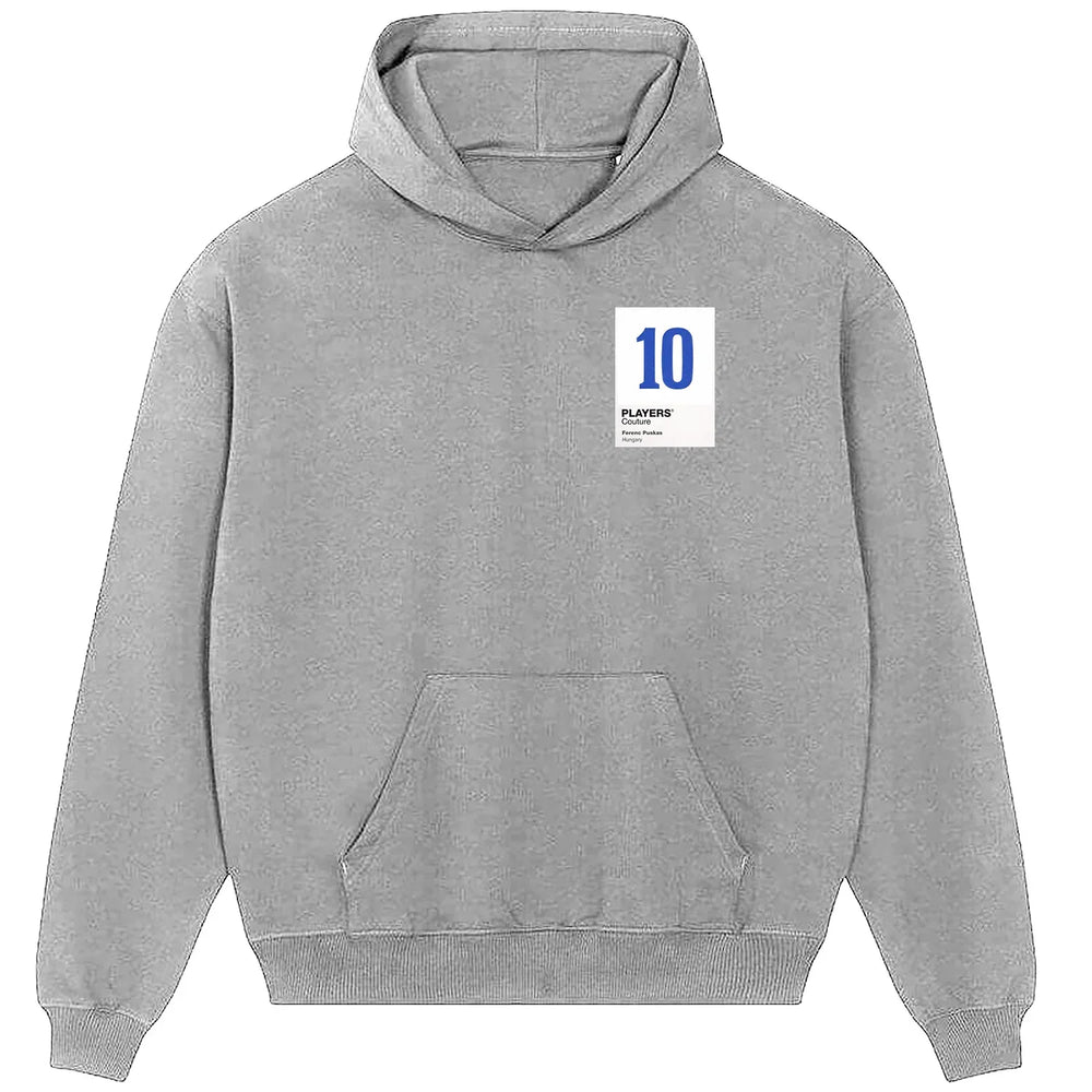 Ferenc Puskas 10 Football hoodie – grey men's hoodie featuring the Ferenc Puskas 10 Football Players Couture logo