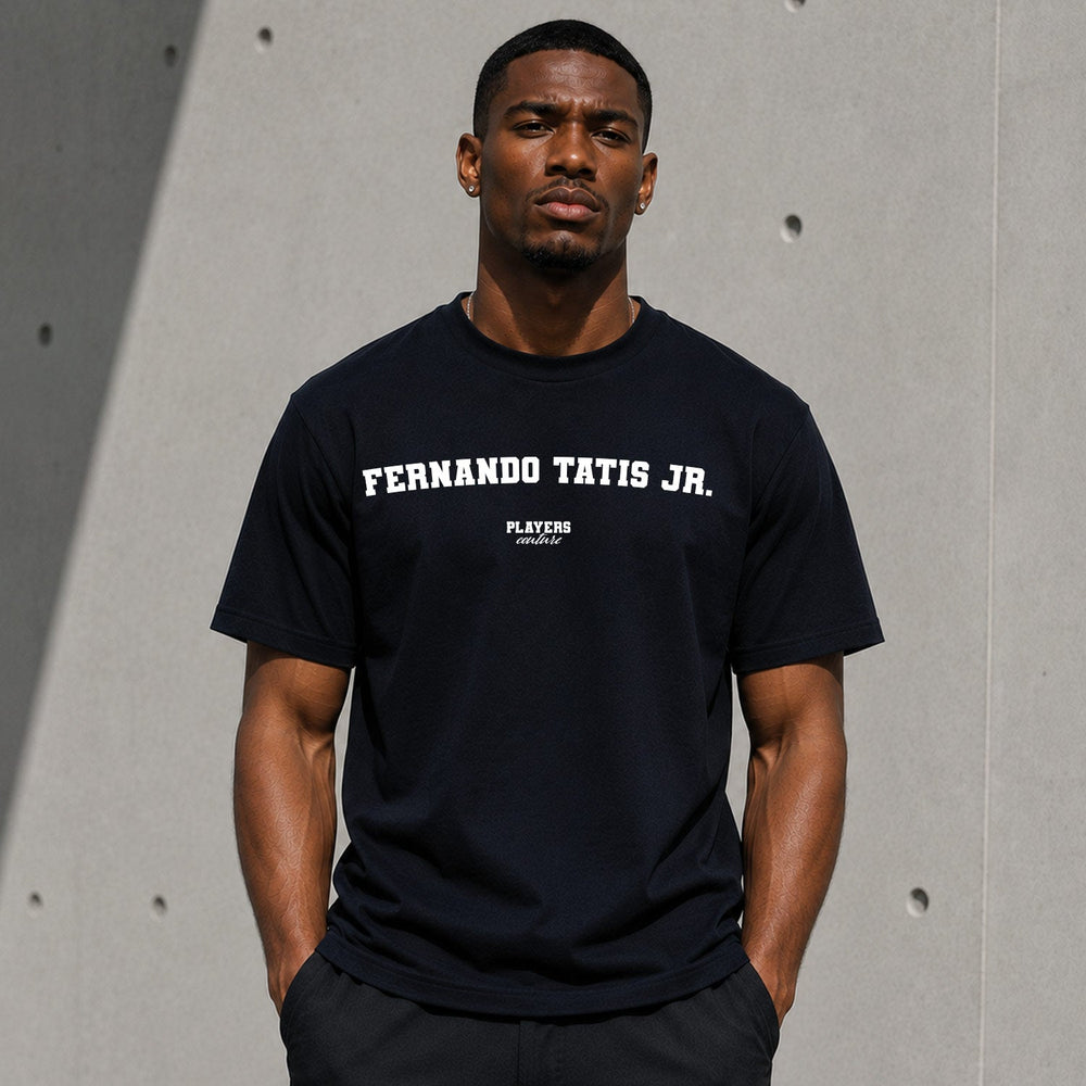 Fernando Tatis Jr. Men's T-Shirt — lifestyle photo, Navy t-shirt