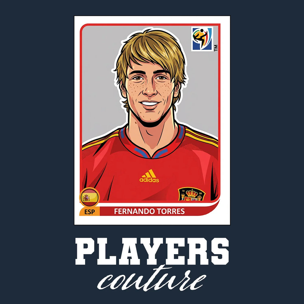 Fernando Torres World Cup Sticker Men's T-Shirt – navy close-up detail shot of the Fernando Torres World Cup Players Couture