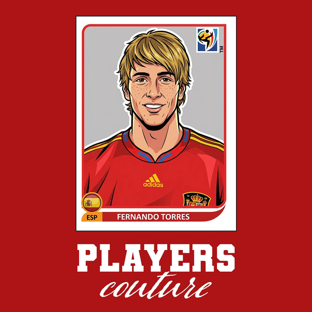 Fernando Torres World Cup Sticker Men's T-Shirt – red close-up detail shot of the Fernando Torres World Cup Players Couture