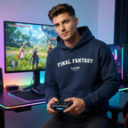 Final Fantasy hoodie – navy men's hoodie with white Final Fantasy letters and Players Couture logo on the chest