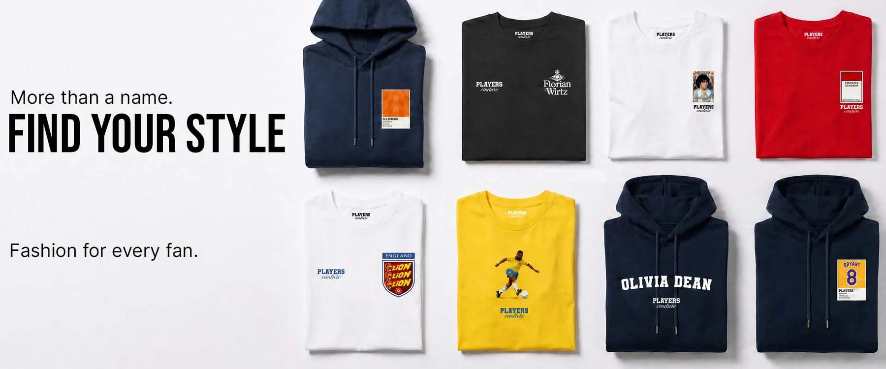 Collection of hoodies and t-shirts with branding on a white background