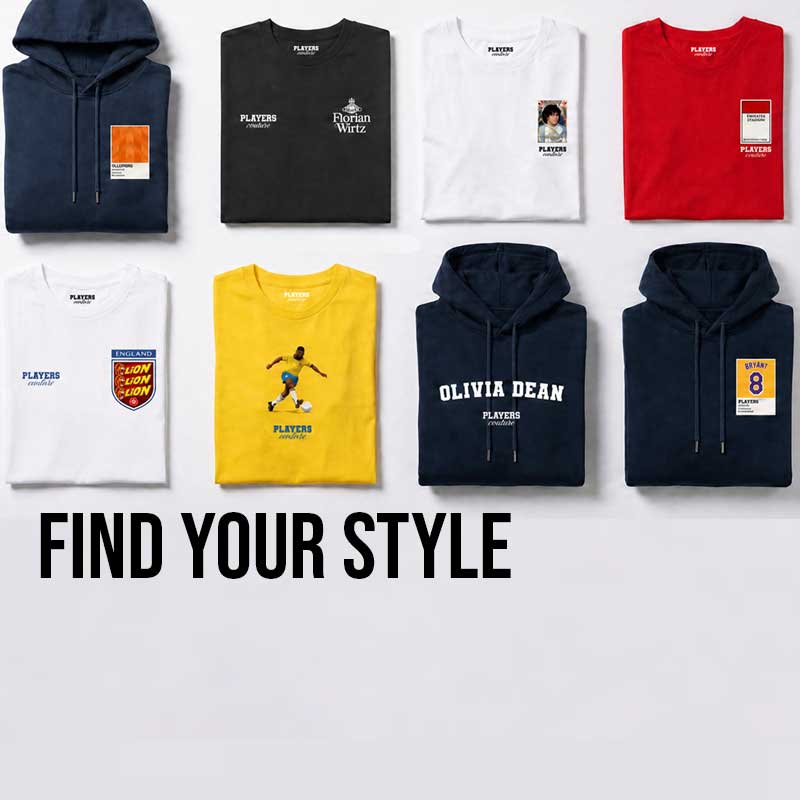 Collection of hoodies and t-shirts with branding on a white background, featuring text 'Find Your Style'.